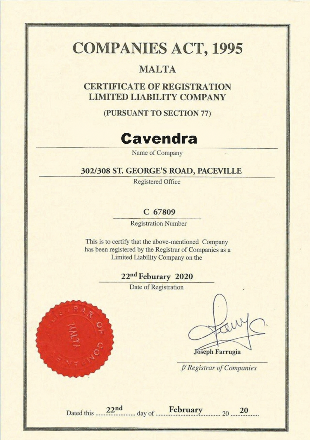 Cavendra Certificate of Authenticity